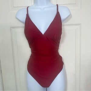 NWT Cupshe One‎ Piece Swimsuit Burgundy V-Neck Size Medium